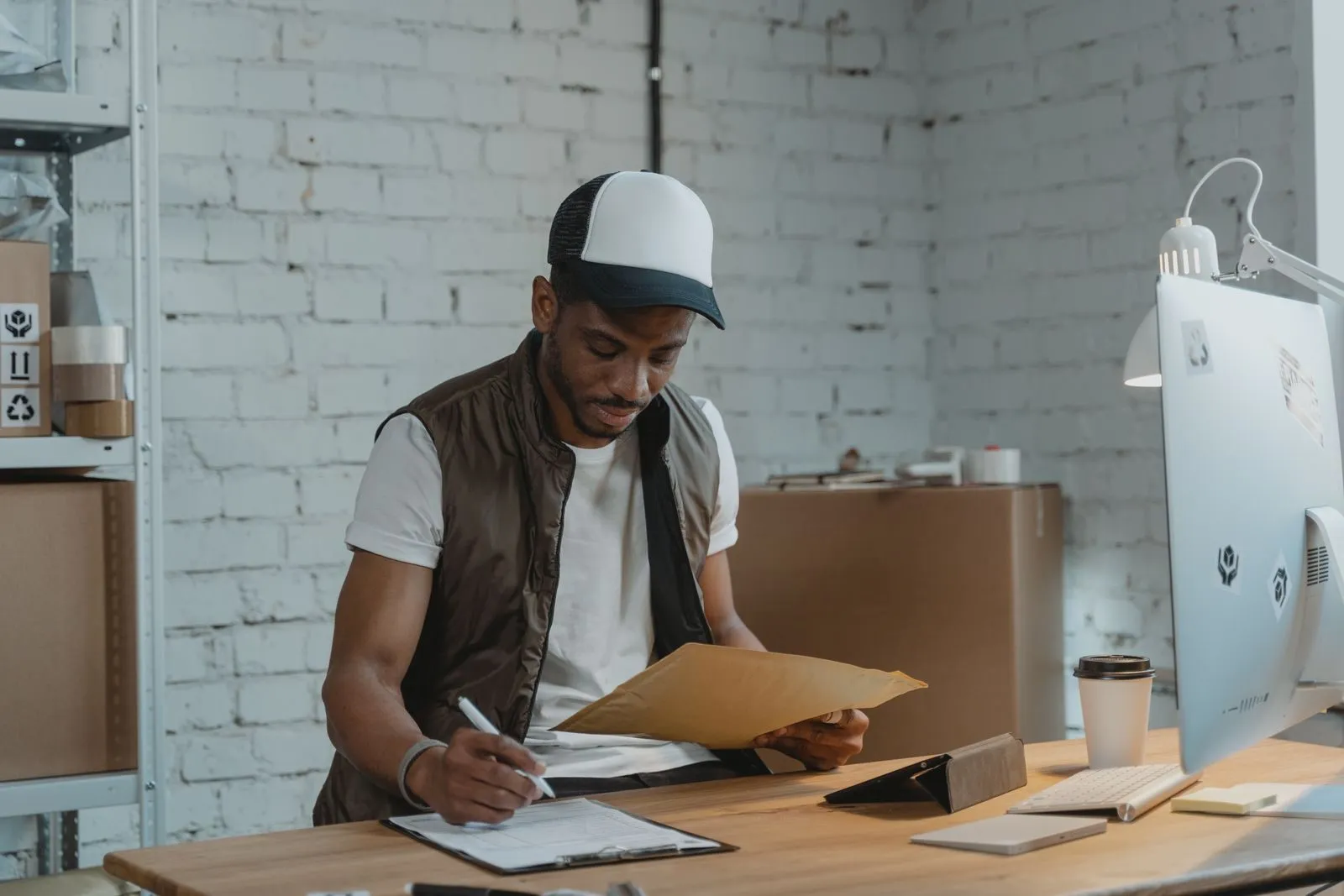 A business owner going through invoices in his warehouse office