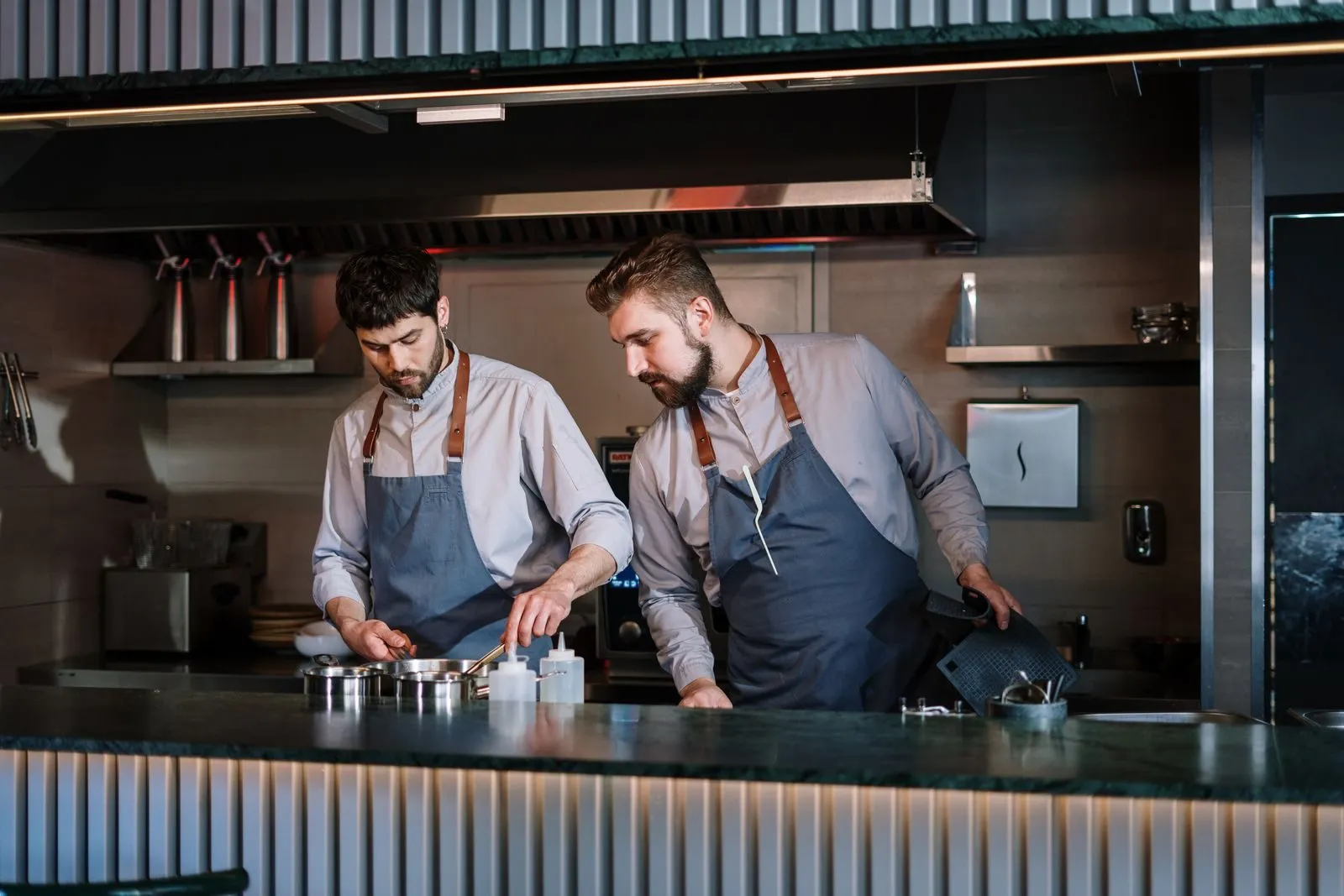 Two cooks working in a restaurant kitchen